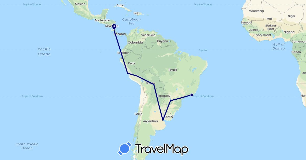 TravelMap itinerary: driving in Argentina, Bolivia, Brazil, Costa Rica, Peru (North America, South America)